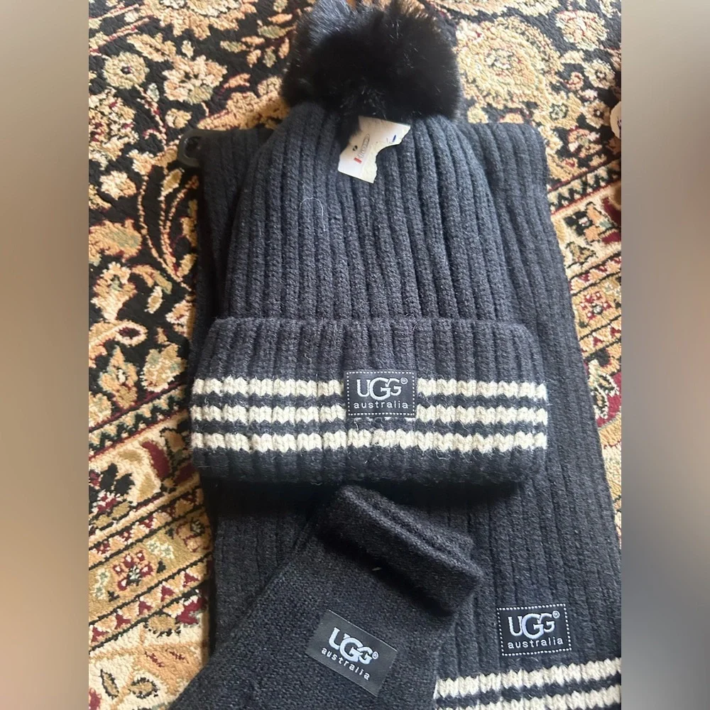 BUY NOW stylish, black, and white UGG hat, and scarf set with gloves